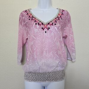 Anthropologie Embroidered Peasant Mesh Pink Blouse
